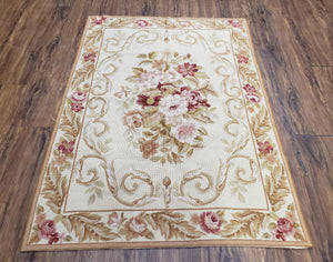 Vintage Chinese Needlepoint Rug 3x4 Hand Woven French Aubusson Floral Design, Flatweave Rug, Beige Area Rug, European Handmade Carpet 3 x 4 - Jewel Rugs