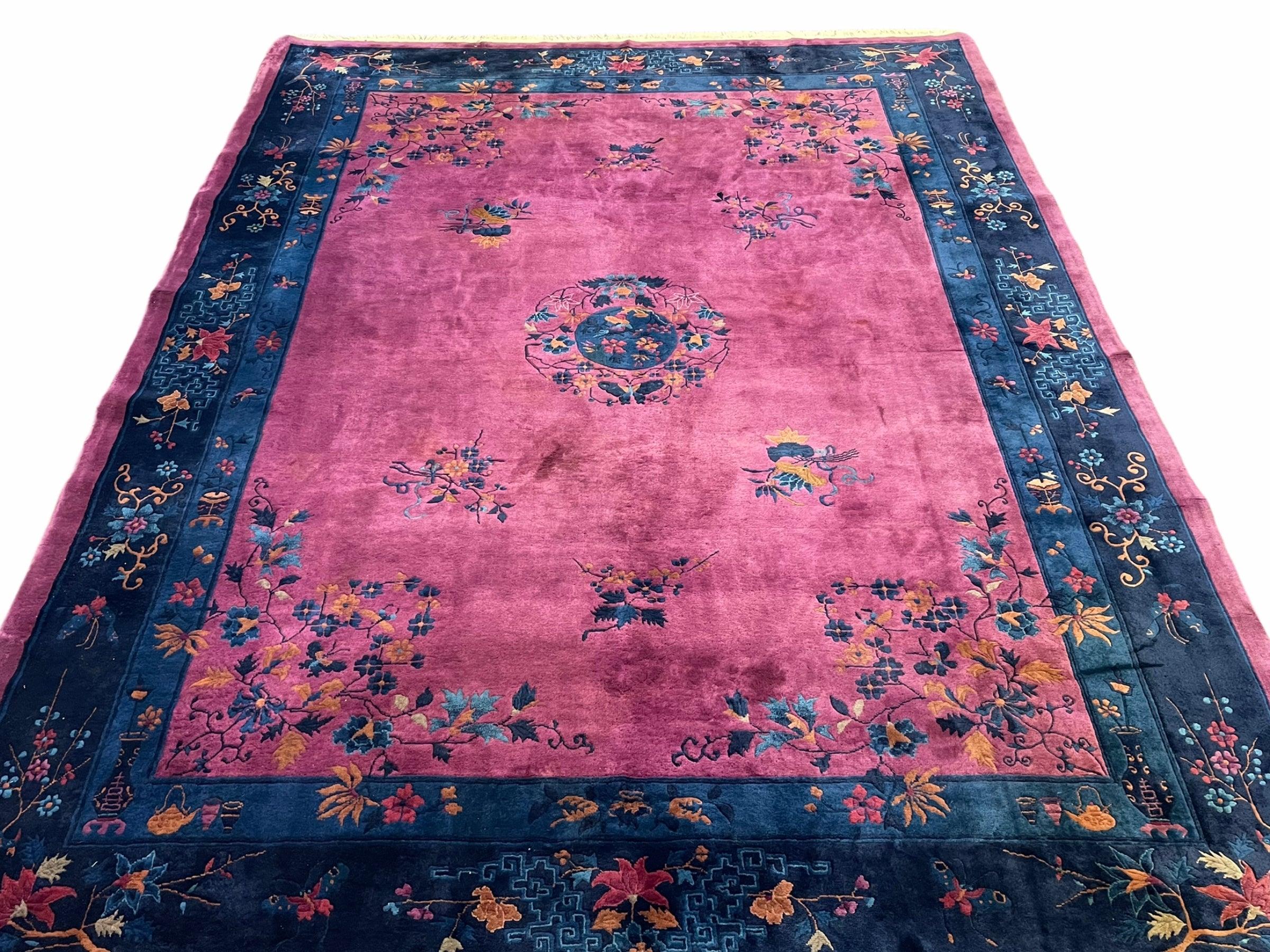 Antique Chinese Art Deco Rug 9x12 Purple Rug, Magenta Chinese Nichols Rug 9 x 12, Antique Art Deco Carpet, Peking Rug, Rare Antique Wool Rug - Jewel Rugs