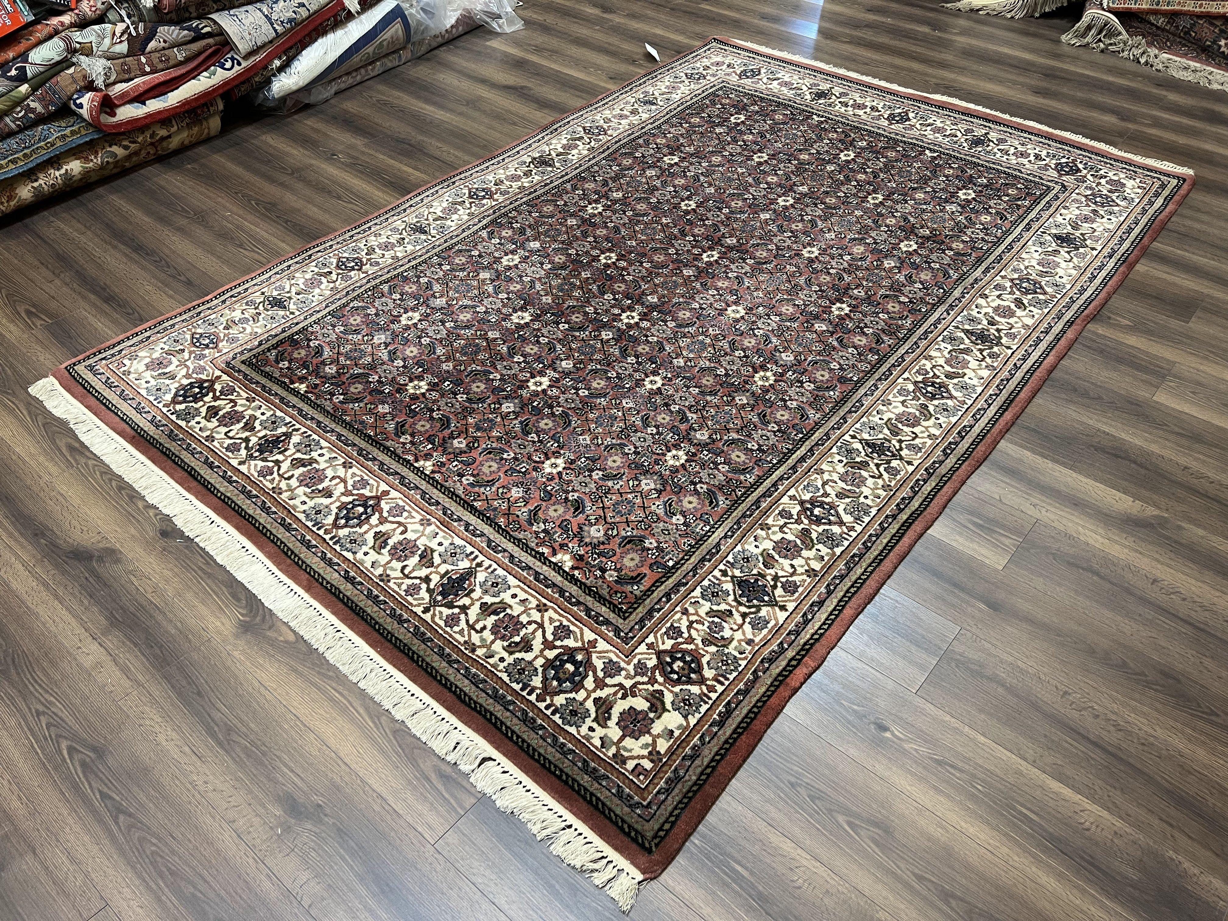 Indo Bidjar Rug 7x10, Indo Persian Bijar Carpet 7 x 10 ft, Herati Allover Floral, Maroon and Cream, Wool Hand Knotted Vintage Oriental Rug - Jewel Rugs