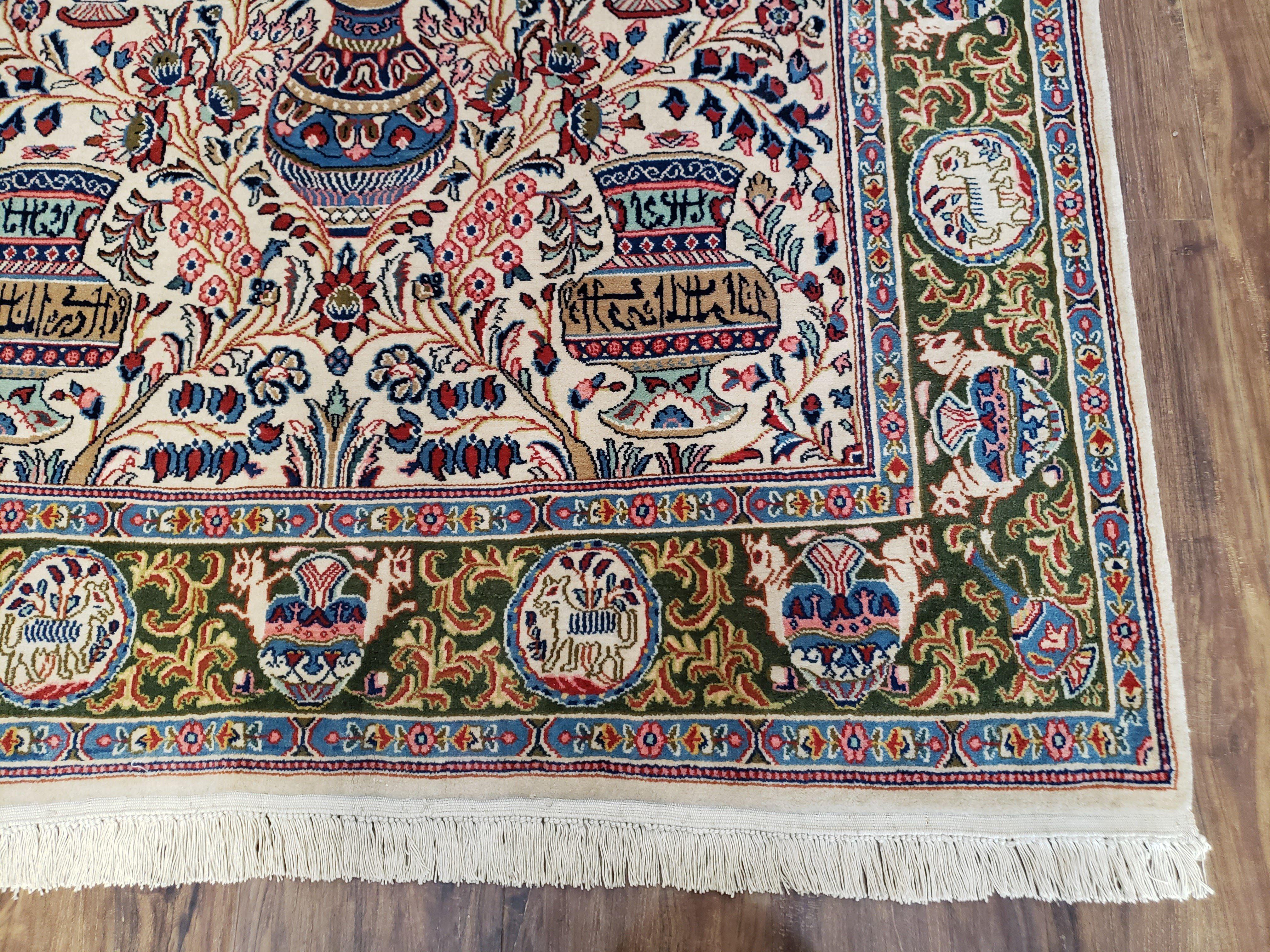 Vintage Persian Ghom Kashmar Rug, Ivory, Wool, Hand-Knotted, 4' 2" x 6' 8" - Jewel Rugs