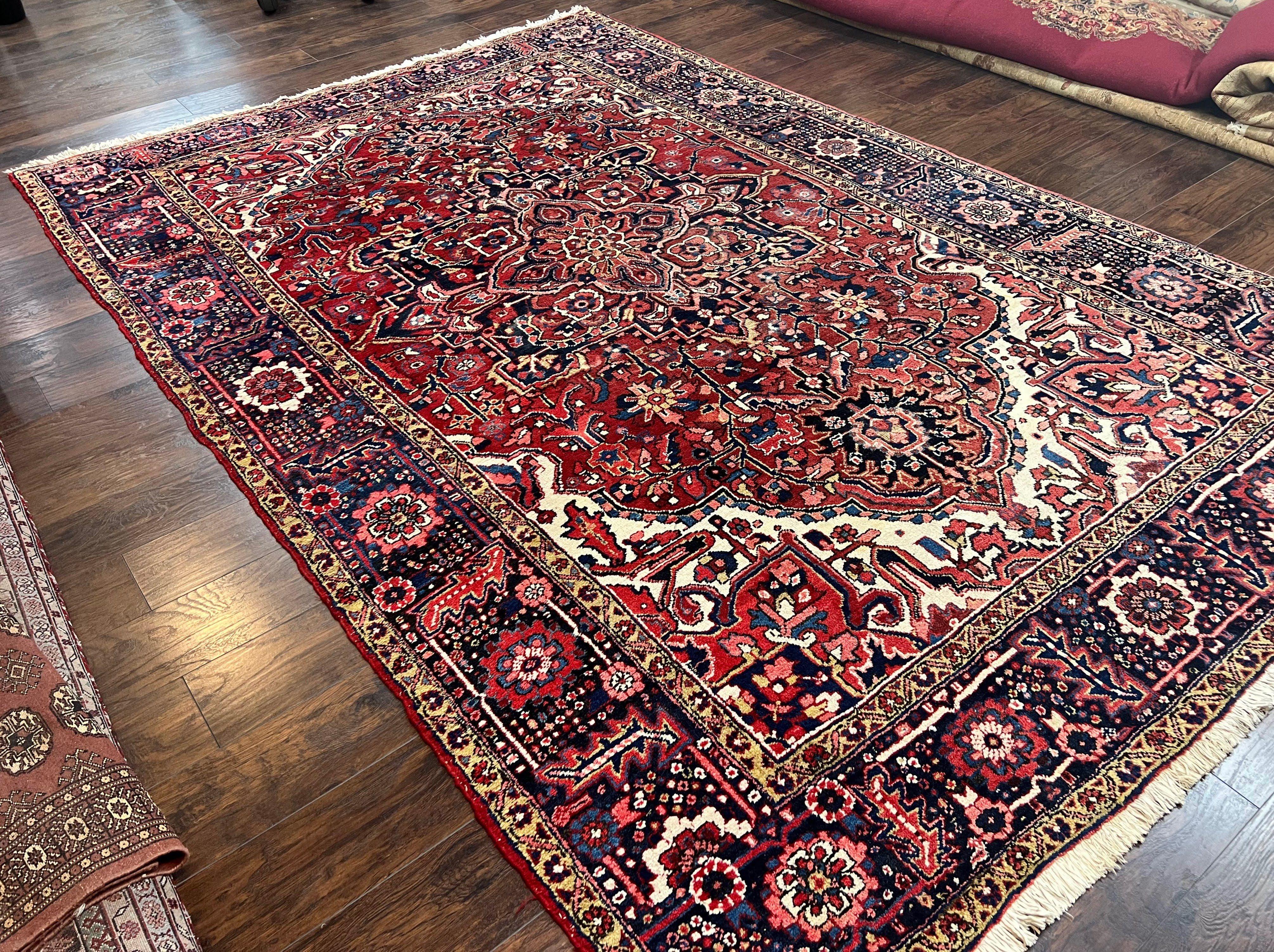 Persian Heriz Rug 8x12, Vintage Geometric Medallion Carpet, Semi Antique Wool Handmade Room Sized Oriental Rug 8 x 12, Red Dark Blue Ivory - Jewel Rugs