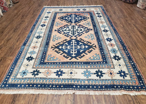 Turkish Kazak Rug 5x8 ft, Bold Geometric Bohemian Carpet, Blue and Ivory Hand Knotted Area Rug, Medium Sized High Quality Wool Oriental Rug - Jewel Rugs