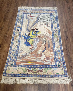 Semi Antique Persian Pictorial Rug 3'6" x 6", Angel Speaking to Prophet, Kork Wool on Silk Foundation, Detailed, Animals, Poetry, Wall Hanging Rug - Jewel Rugs