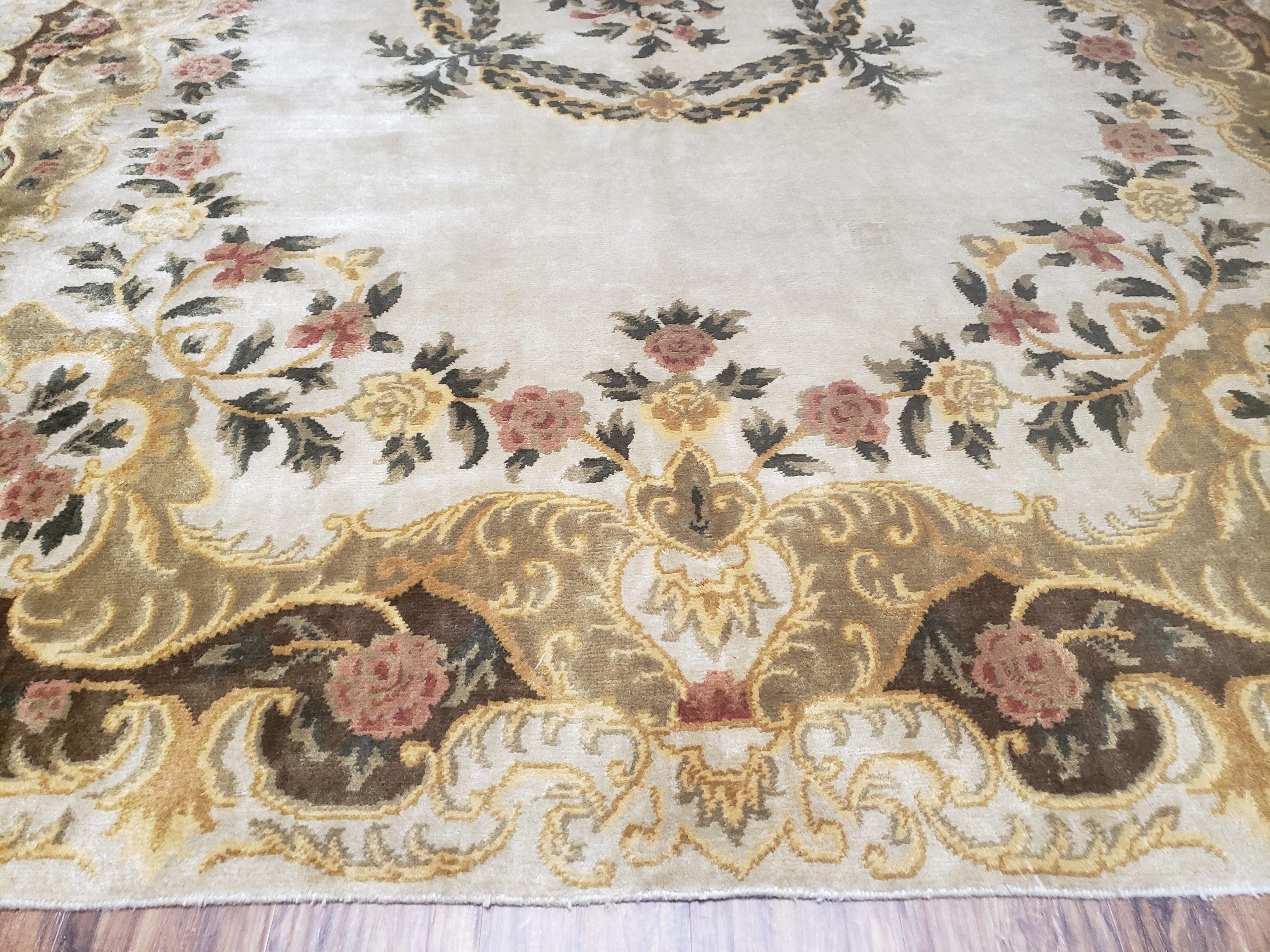 Aubusson Rug 10x14, Elegant French European Design, Vintage Handmade Carpet with Pile, Beige Floral Dining Room Rug, Living Room, Soft Wool - Jewel Rugs