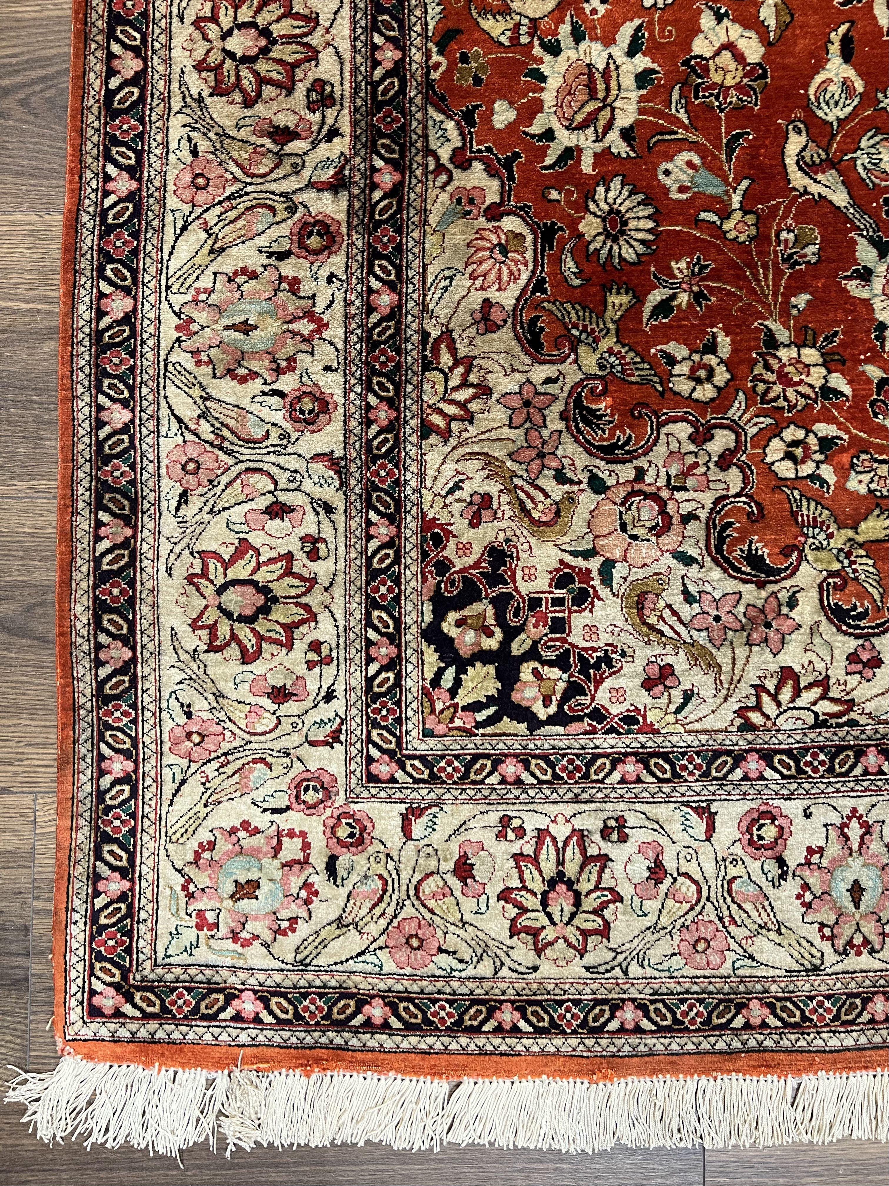 Persian Qum Silk Rug 5x7 - Floral Medallion, Birds, Orange-Red - Jewel Rugs