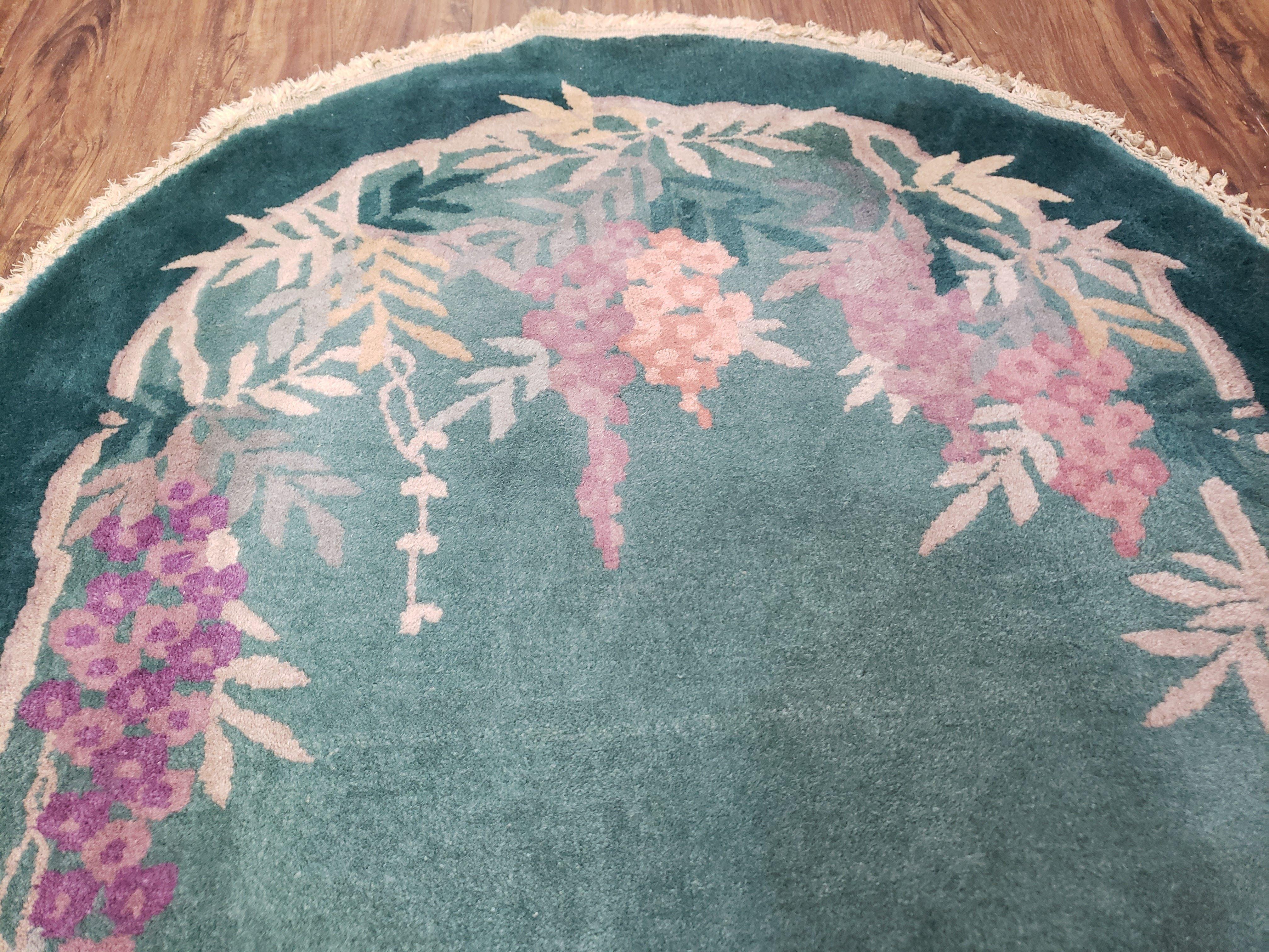 Oval Chinese Peking Rug, Teal Chinese Rug, Antique Art Deco Rug, Nichols Rug Oval, 3' x 5' 9", Teal and Green with Flowers, Wool, Handmade - Jewel Rugs