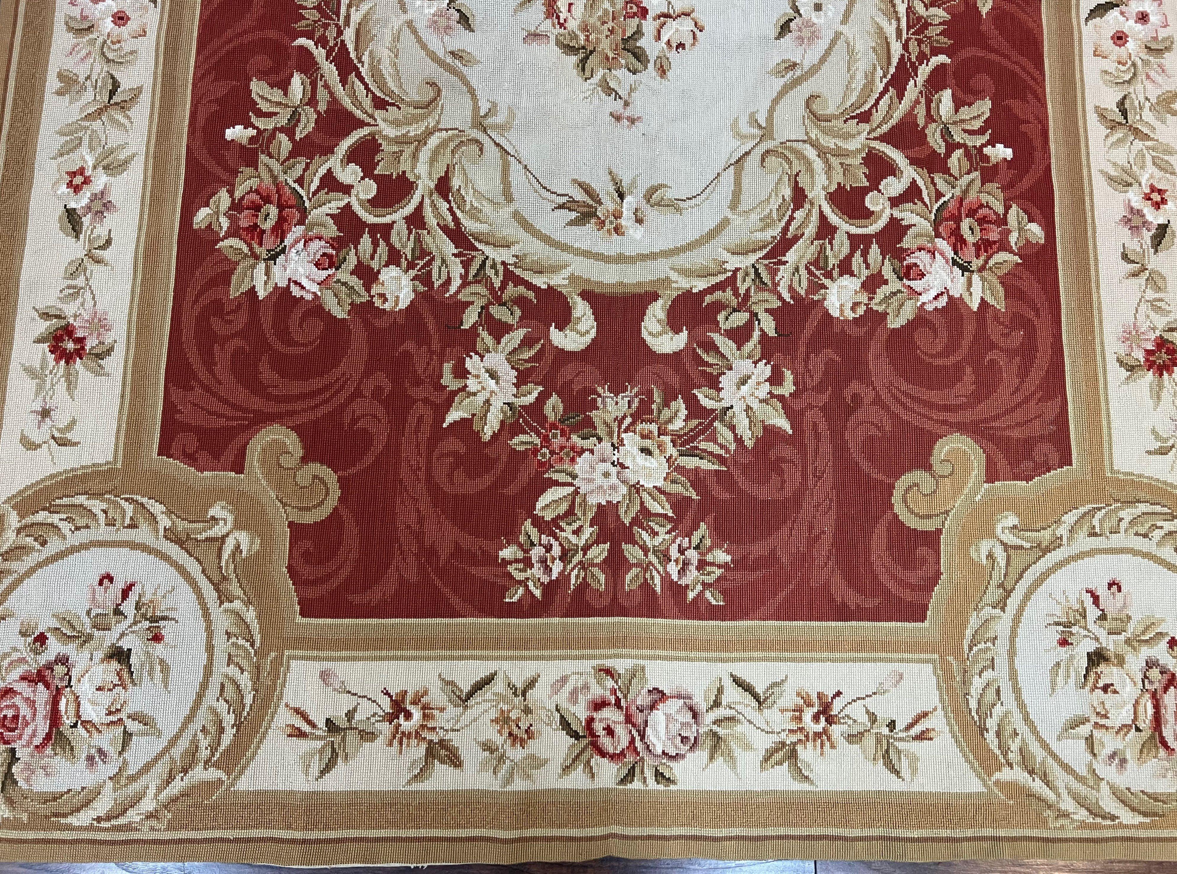 Aubusson Needlepoint Rug 5x8, Red Ivory Tan, Vintage Needlepoint Carpet 5 x 8 ft, Handmade Hand woven Wool, French European, Medium Size Rug - Jewel Rugs