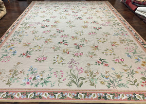 Large Needlepoint Rug 10x14 ft, Floral Allover, Handwoven Handmade Wool Needlepoint Carpet, Aubusson Design, Beige Salmon Pink 10 x 14 Rug - Jewel Rugs