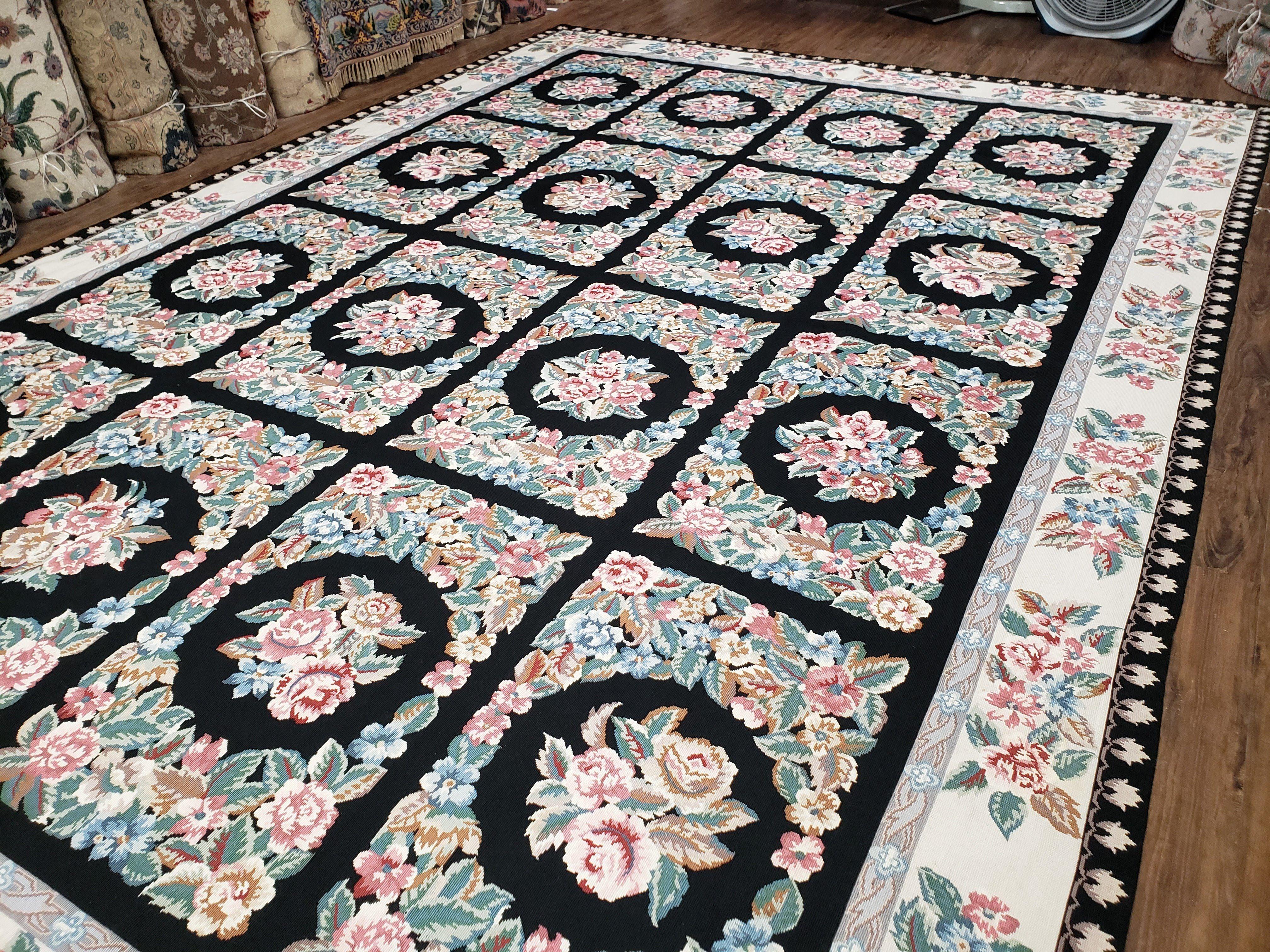 Floral Needlepoint Rug 9.5 x 13.6, Floral Panel Design, Black and Ivory Flatweave Aubusson Carpet, Multicolor - Jewel Rugs