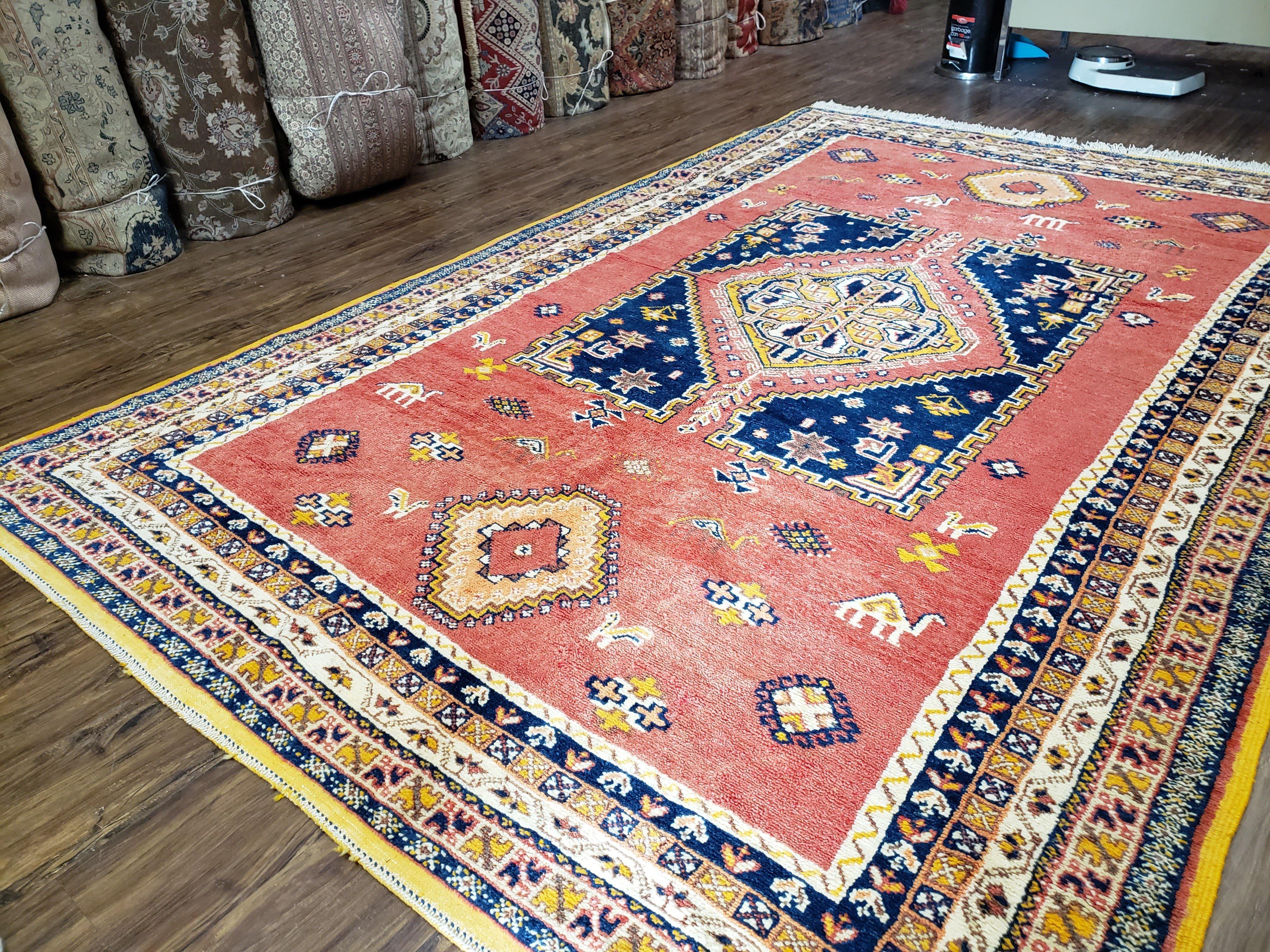 Vintage Moroccan Rug 6.6 x 9.8 ft, Tribal Bohemian Wool Hand-Knotted Carpet, 1950s Moroccan Rug, Salmon Red and Navy Blue, Room Sized Rug - Jewel Rugs