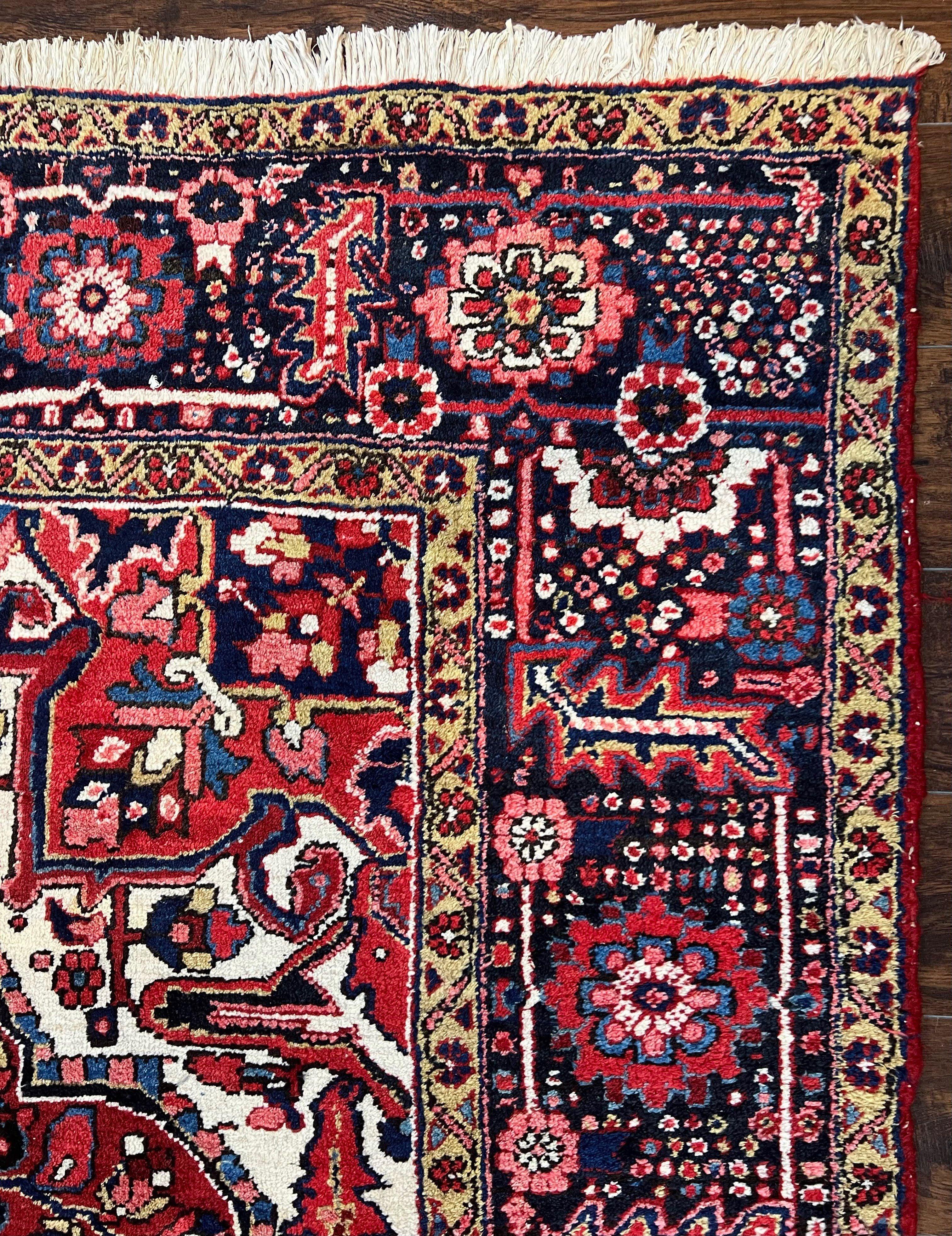 Persian Heriz Rug 8x12, Vintage Geometric Medallion Carpet, Semi Antique Wool Handmade Room Sized Oriental Rug 8 x 12, Red Dark Blue Ivory - Jewel Rugs
