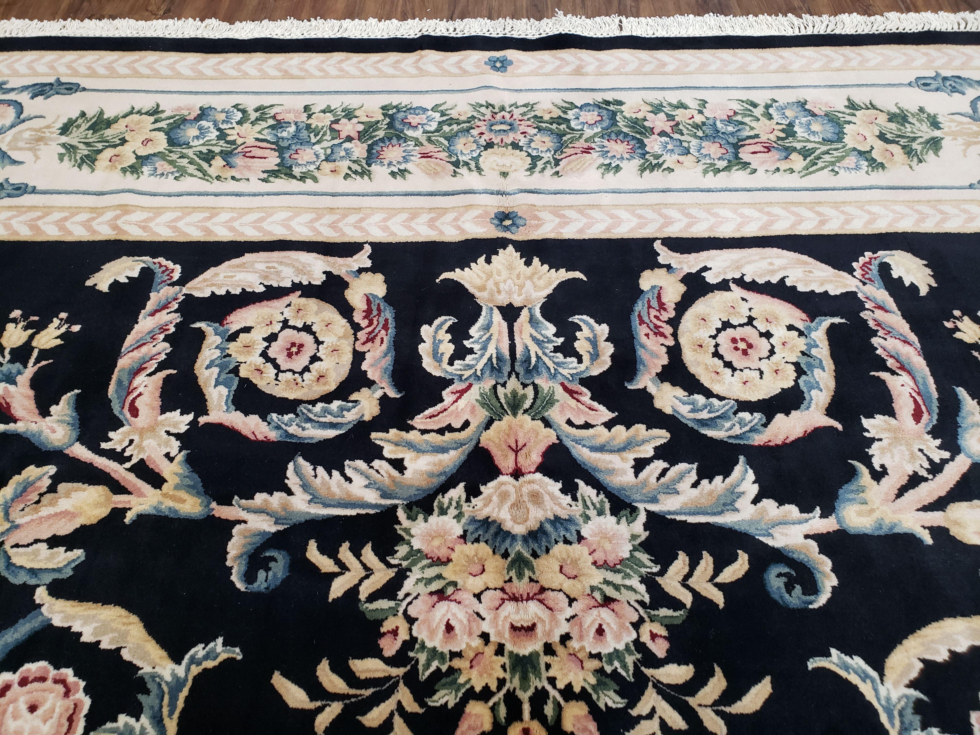 Vintage Chinese Aubusson Savonnerie Wool Area Rug, Hand-Knotted, Black & Beige, Elegant 9x12 Living Room Carpet 8.11 x 12.7 European Design - Jewel Rugs