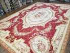 Vintage Aubusson Rug, Aubusson Savonnerie Needlepoint Area Rug 8x11, Handmade Wool Red & Ivory Chinese Aubusson European Carpet, Flat Pile - Jewel Rugs