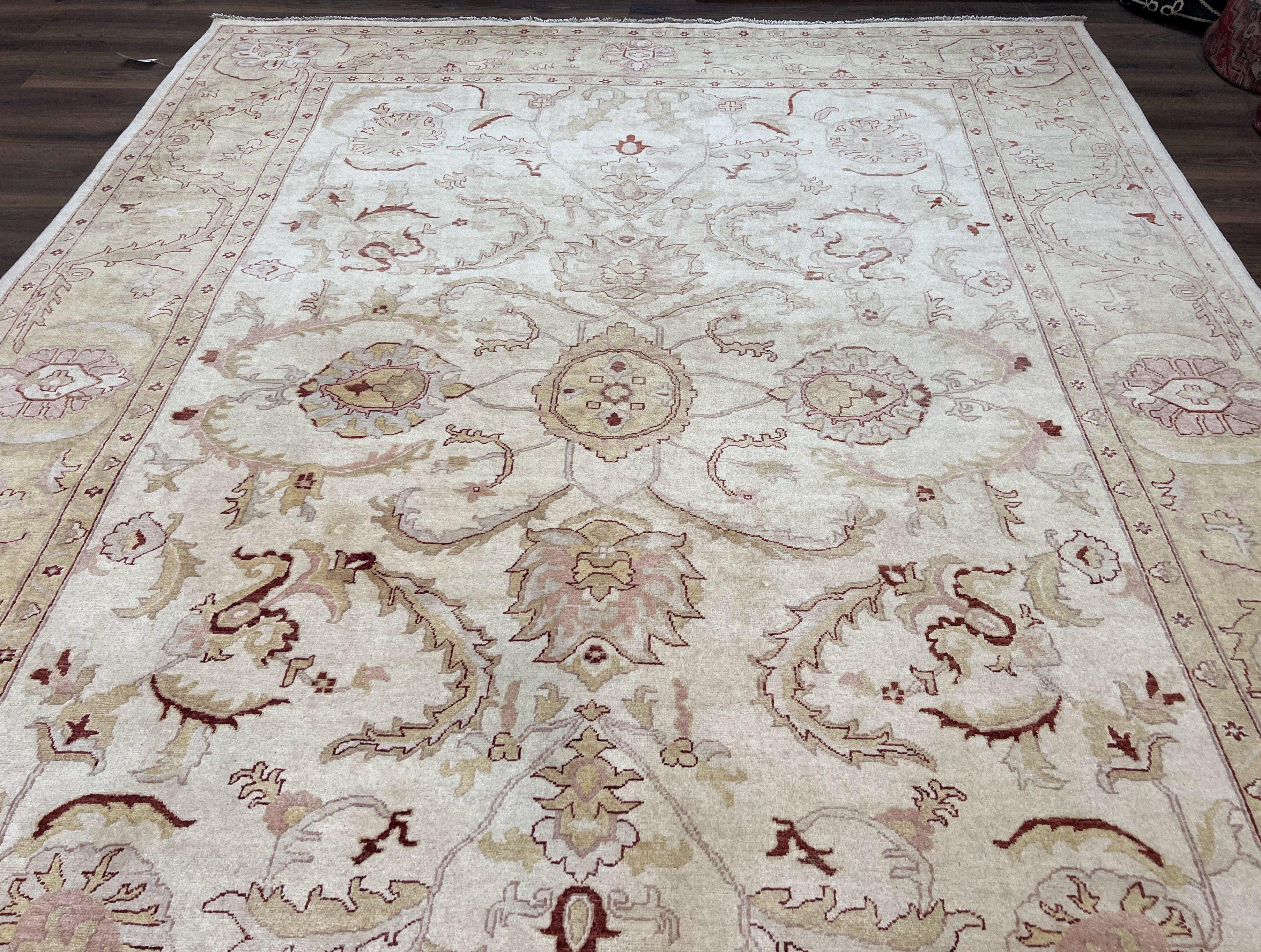 Peshawar Rug 9x12 ft, Neutral Colors Oushak, Pakistani Vintage Oriental Carpet 9 x 12 ft, Hand Knotted Wool Area Rug, Muted Light Colors - Jewel Rugs