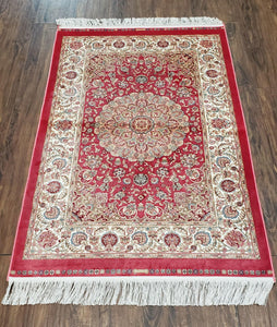Small Silk Rug Red, Soft Silk Oriental Carpet, New Turkish Rug, Persian Design, Central Medallion, Bamboo Silk, Power-Loomed, 2' 8" x 4' 1" - Jewel Rugs