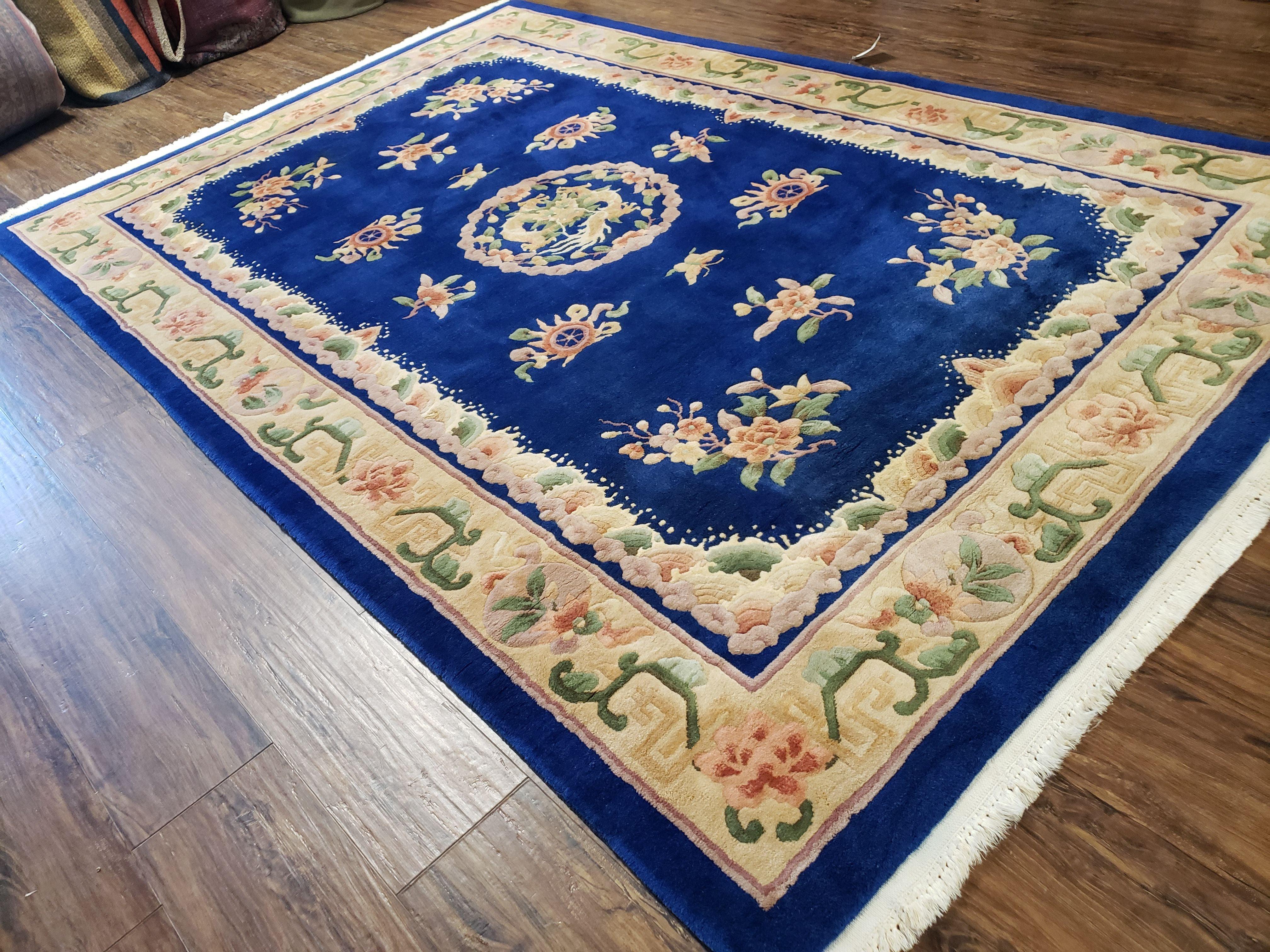 Blue Chinese Rug Vintage 6x9 Carpet, Chinese Dragon Medallion, Blue & Beige, Hand-Knotted, Soft Wool Pile, Art Deco Rug, Chinese Carving Rug - Jewel Rugs